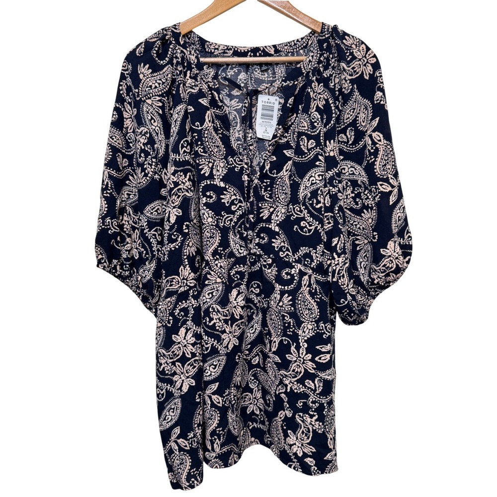 Torrid Womens Challis V Neck Blouse 3X Navy Paisley Swing Peasant Boho‎